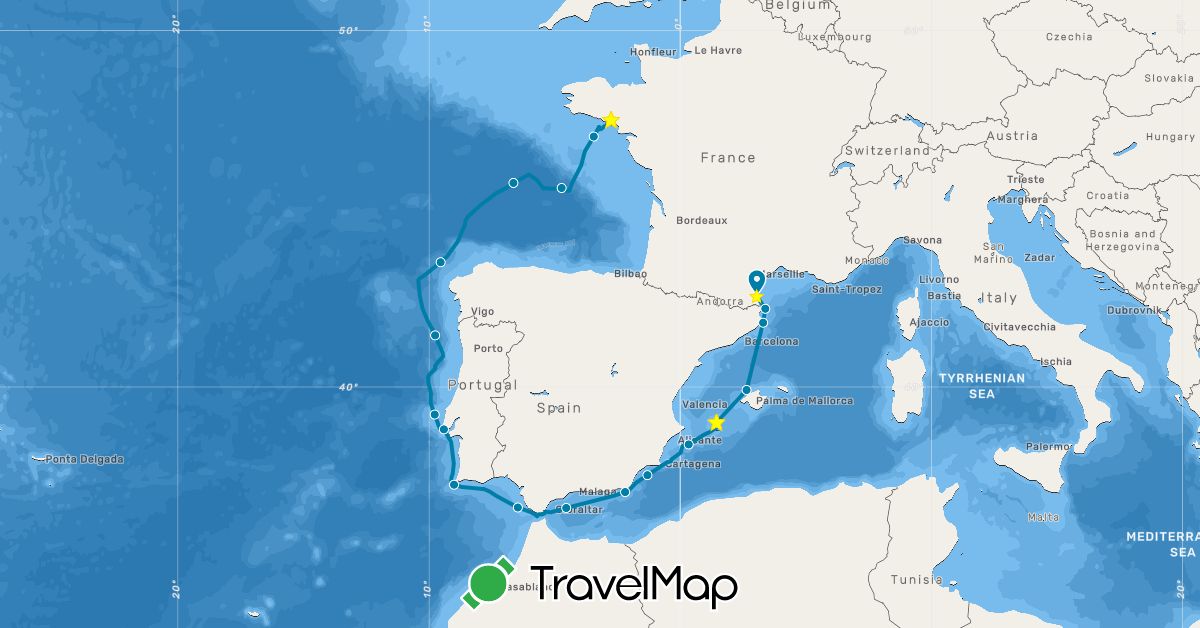 TravelMap itinerary: voilier in Spain, France (Europe)